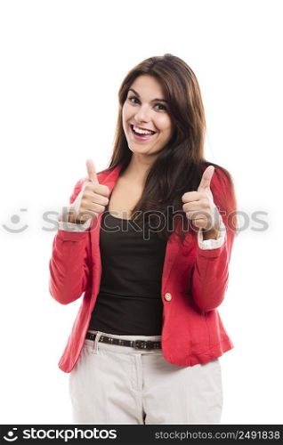 Modern business woman with thumbs up, isolated over a white background