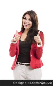 Modern business woman with thumbs up, isolated over a white background