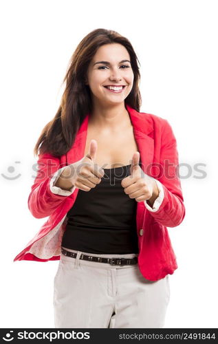 Modern business woman with thumbs up, isolated over a white background