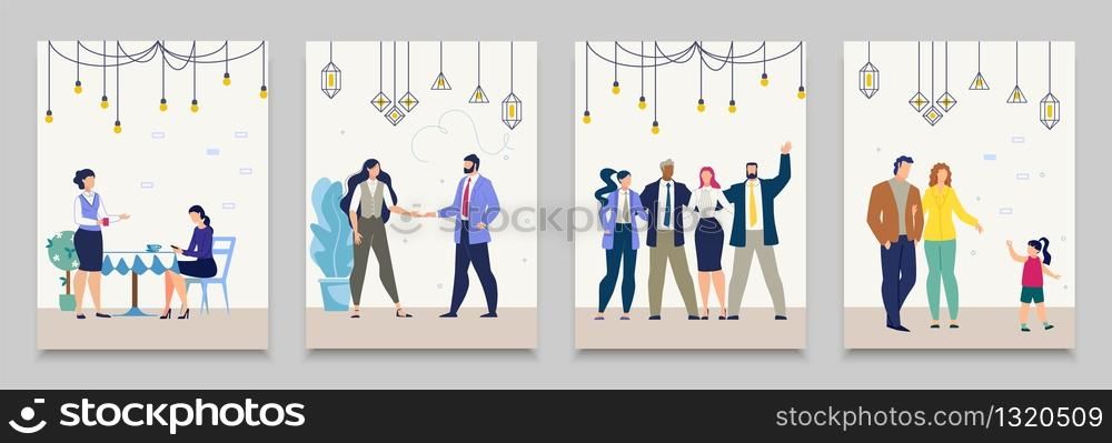 Modern Businesspeople Lifestyle, Work and Leisure Flat Vector Concepts Set with Business Team, Office Colleagues Standing Together, Partners Handshaking, Women in Cafe, Parents with Child Illustration