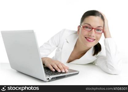 Modern businesswoman with white suit and laptop computer