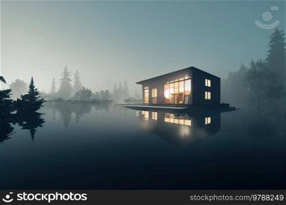 Modern cabin house at lake with scenic view. Modern house at lake