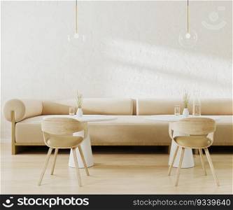 Modern cafe interior in beige tones with white stone walls, wooden floor, sofa and round coffee tables. 3d render