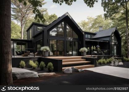 modern cape cod house with contemporary exterior, featuring black metal and glass accents, created with generative ai. modern cape cod house with contemporary exterior, featuring black metal and glass accents