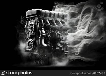 Modern car engine on deep solid black background. Neural network AI generated art. Modern car engine on deep solid black background. Neural network generated art