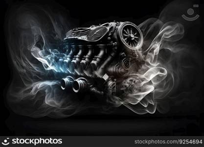 Modern car engine on deep solid black background. Neural network AI generated art. Modern car engine on deep solid black background. Neural network generated art