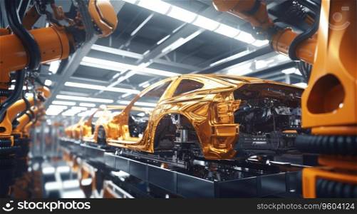 Modern car manufacturing factory, robotics in vehicle production