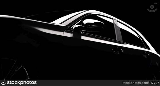 Modern car silhouette in spotlight, black background, 3D rendering. Modern car silhouette in spotlight