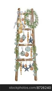 Modern Christmas tree. Wooden ladder with christmas lights,pine cone, firry. Watercolor illustration. Farmhouse Christmas tree isolated on the white background.. Modern Christmas tree. Wooden ladder with christmas lights,pine cone, firry. Watercolor illustration. Farmhouse Christmas tree isolated on the white background