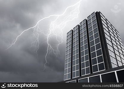 Modern city. Bottom image of skyscraper with thunder lightning in sky