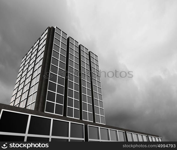 Modern city. Bottom image of skyscraper with thunder lightning in sky