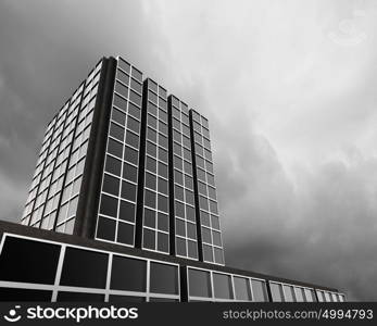 Modern city. Bottom image of skyscraper with thunder lightning in sky