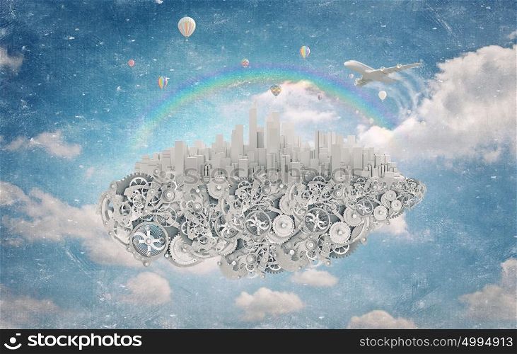 Modern city concept. Island modern city of gears floating in sky