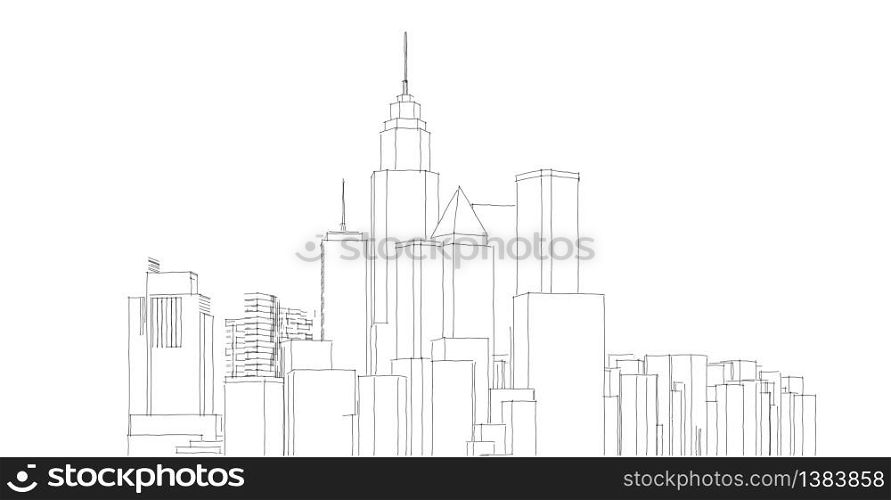 Modern city panorama 3d illustration, Cityscape sketch, Metropolis skyscraper 3D sketch, Architecture background