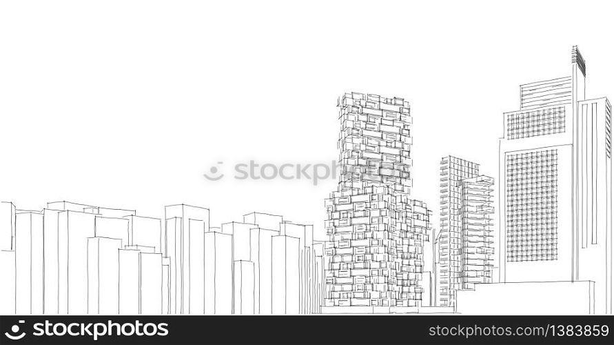 Modern city panorama 3d illustration, Cityscape sketch, Metropolis skyscraper 3D sketch, Architecture background