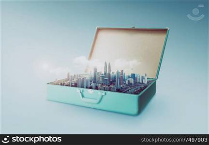 Modern city skyline in an open retro vintage suitcase isolated on light blue background .
