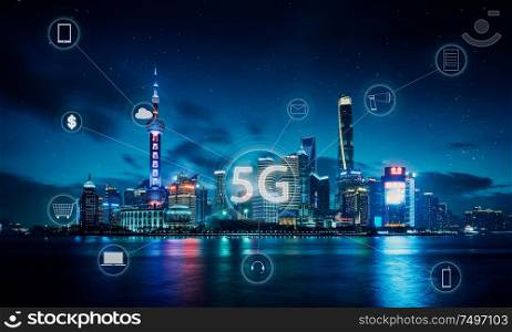 Modern city with smart 5G wireless communication network concept .