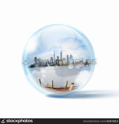 Modern cityscape. Image of a modern cityscape inside a glass sphere