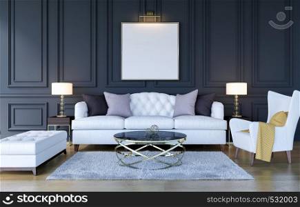 Modern classic luxury living room interior background with mock up poster frame, 3D Rendering