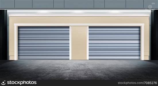 modern closed garage with metal door on street of city at night time
