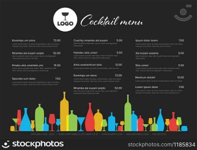 Modern colorful minimalistic cocktail menu template with three columns horizontal design layout and nice typography - dark version