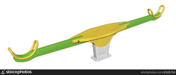 Modern colorful seesaw, green and yellow, 3D illustration, isolated against a white background.
