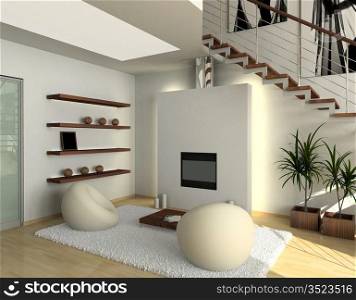 modern comfortable interior with a fire-place. 3D render