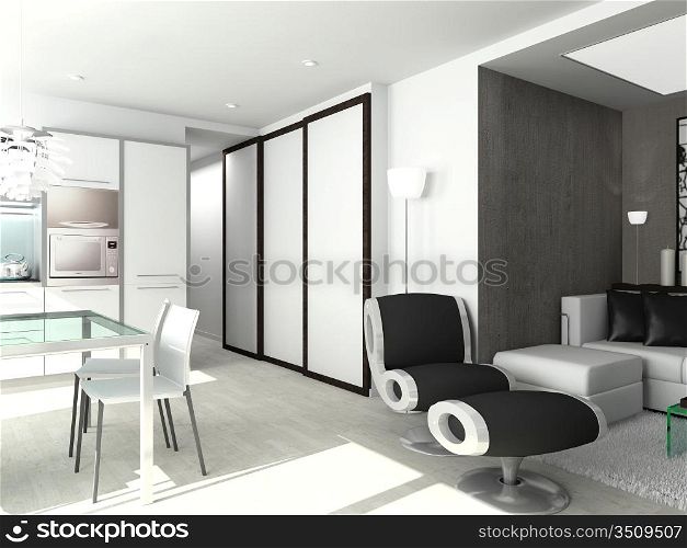 modern comfortable interior with kitchen. 3D render