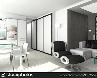 modern comfortable interior with kitchen. 3D render