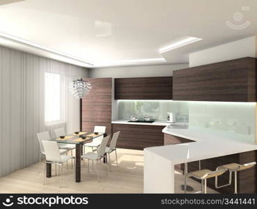 modern comfortable kitchen. 3D render. Hi-tech design