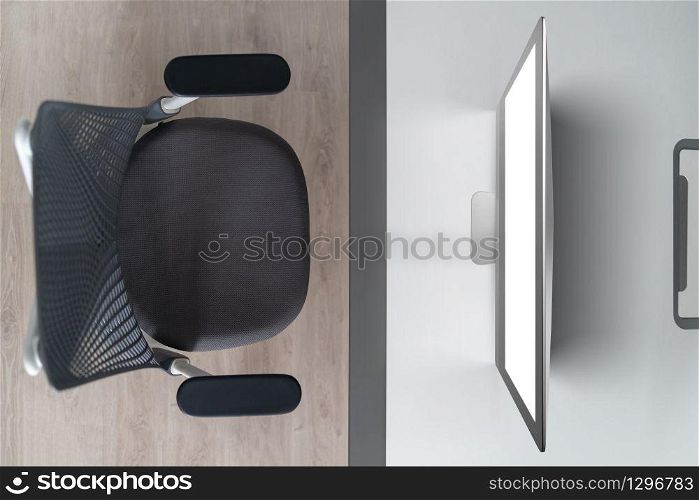 Modern comfortable workspace - computer desk with mockup white computer monitor and orthopaedic chair. Top view. Home working outside office concept.. Top view modern mock up computer screen on an office table.