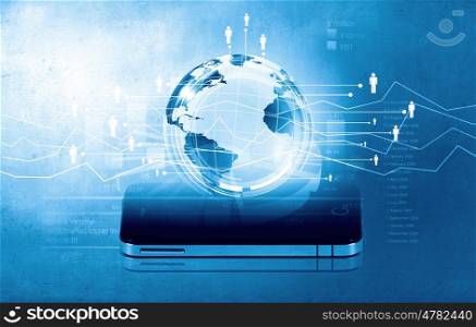 Modern communication technology concept with mobile phone on high tech background. No limits for communication