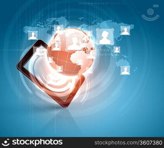 Modern communication technology illustration with mobile phone and high tech background