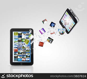 Modern communication technology illustration with mobile phone and high tech background