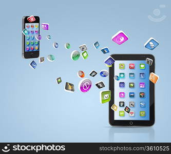 Modern communication technology illustration with mobile phone and high tech background