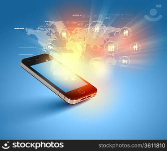 Modern communication technology illustration with mobile phone and high tech background