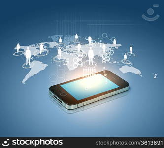 Modern communication technology illustration with mobile phone and high tech background