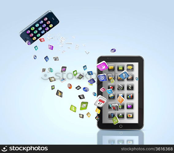 Modern communication technology illustration with mobile phone and high tech background