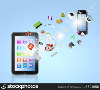 Modern communication technology illustration with mobile phone and high tech background