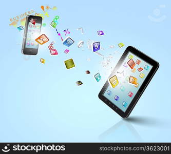 Modern communication technology illustration with mobile phone and high tech background