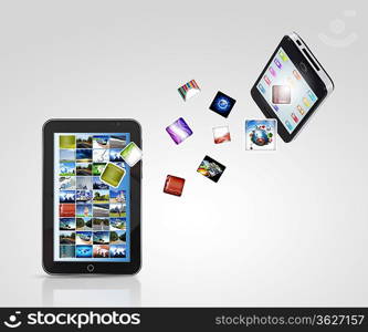 Modern communication technology illustration with mobile phone and high tech background