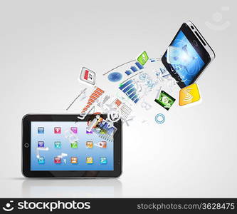 Modern communication technology illustration with mobile phone and high tech background