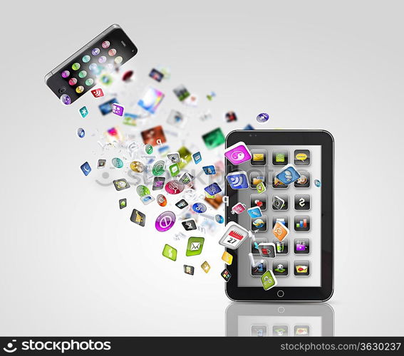 Modern communication technology illustration with mobile phone and high tech background