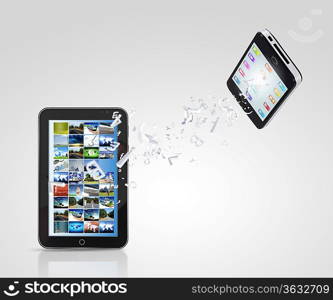 Modern communication technology illustration with mobile phone and high tech background