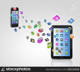 Modern communication technology illustration with mobile phone and high tech background