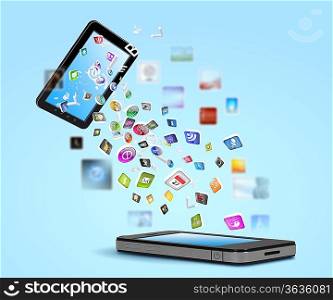Modern communication technology illustration with mobile phone and high tech background