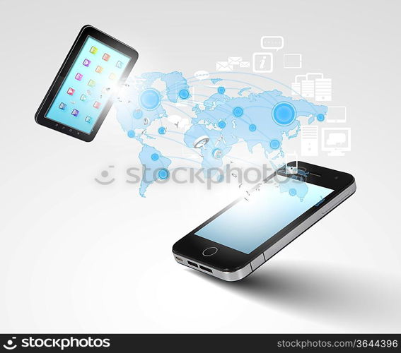 Modern communication technology illustration with mobile phone and high tech background