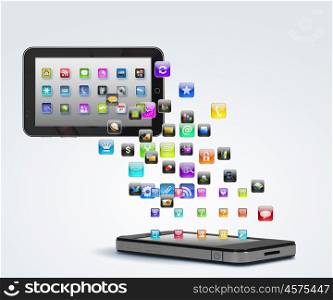 Modern communication technology. Modern communication technology illustration with mobile phone and high tech background