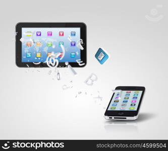 Modern communication technology. Modern communication technology illustration with mobile phone and high tech background