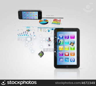 Modern communication technology. Modern communication technology illustration with mobile phone and high tech background